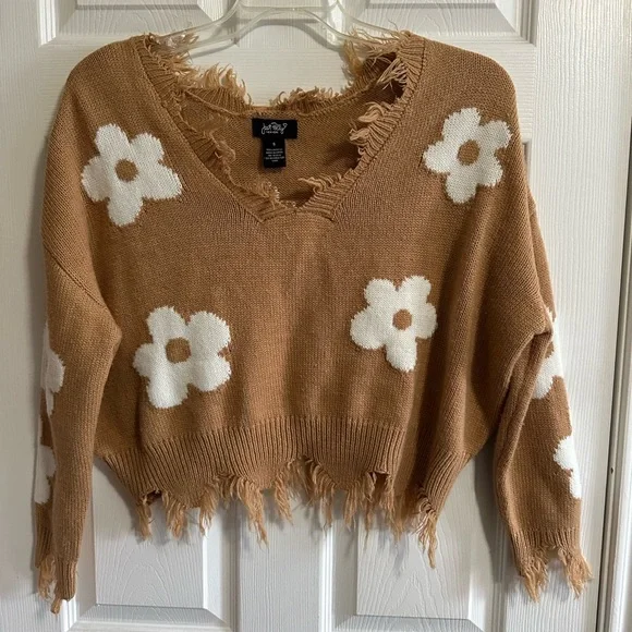 Just Polly Distressed Flower Sweater S (PTP 29) Tan V-Neck Daisy Oversized - Picture 2 of 5